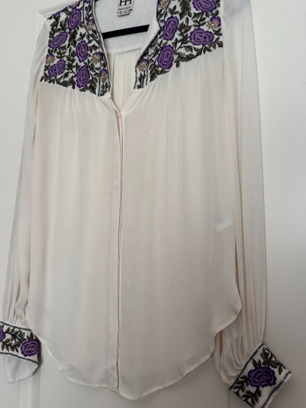 Haute Hippie Cream Purple Floral Embroidered Silk Blouse XS — As Is - Picture 3 of 14